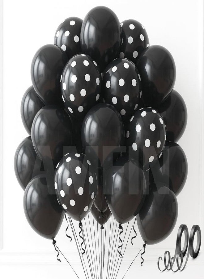 AMFIN (Pack of 25) Polka Dot Black & Solid Latex Black Party Balloons - Birthday Wedding, Baby Shower, Anniversary, Graduation, Halloween, New Year Decorations - Image 1